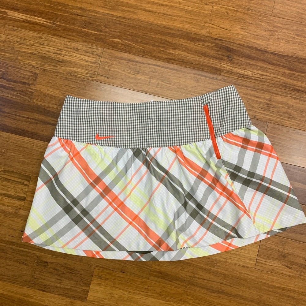 Nike Golf Sport Skort Women's Size 12 Orange Olive Green Plaid Athletic Skirt
